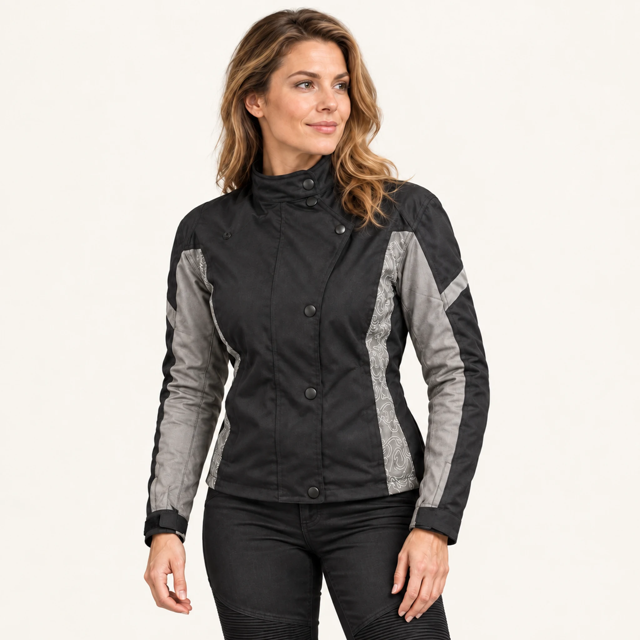 Damen-Motorradjacke Tribal in Schwarz/Grau, an einer erwachsenen Person