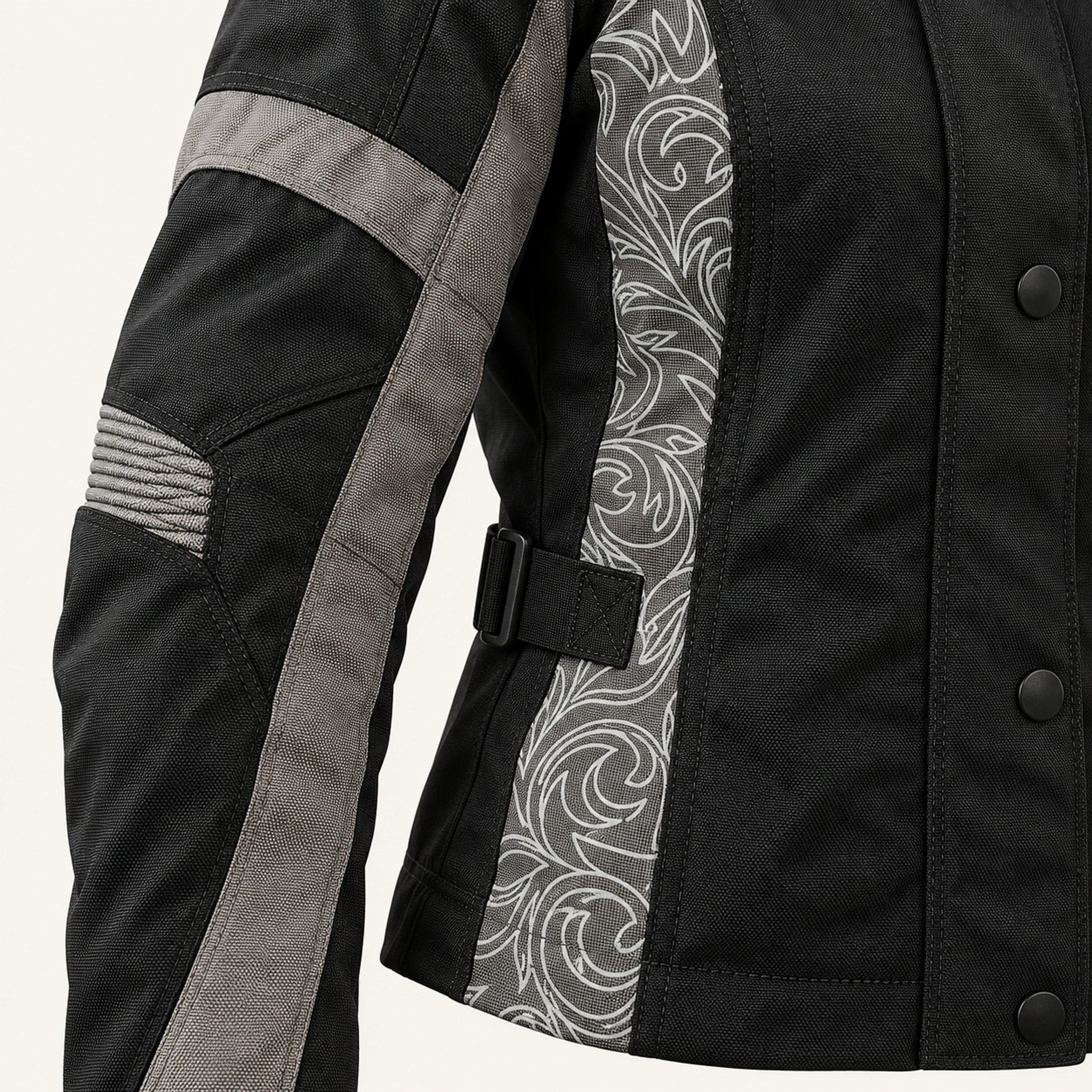 Damen-Motorradjacke Tribal in Schwarz/Grau, Materialdetail