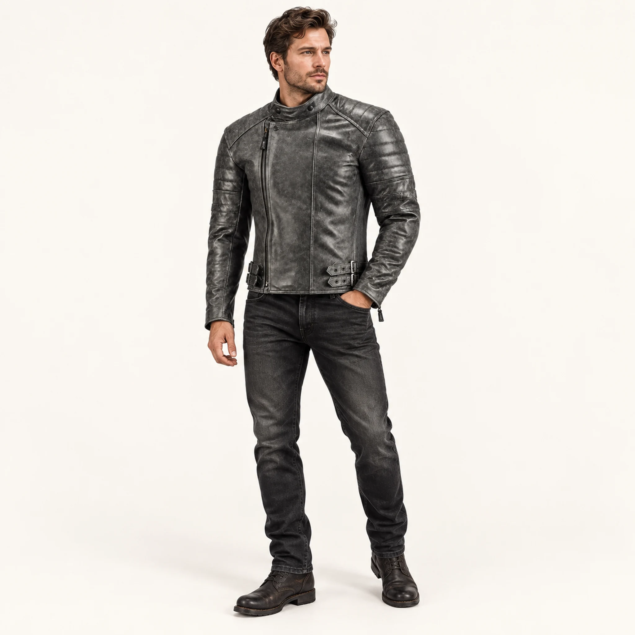 Herren-Leder-Motorradjacke Retro in Grau, mit erwachsenem Model