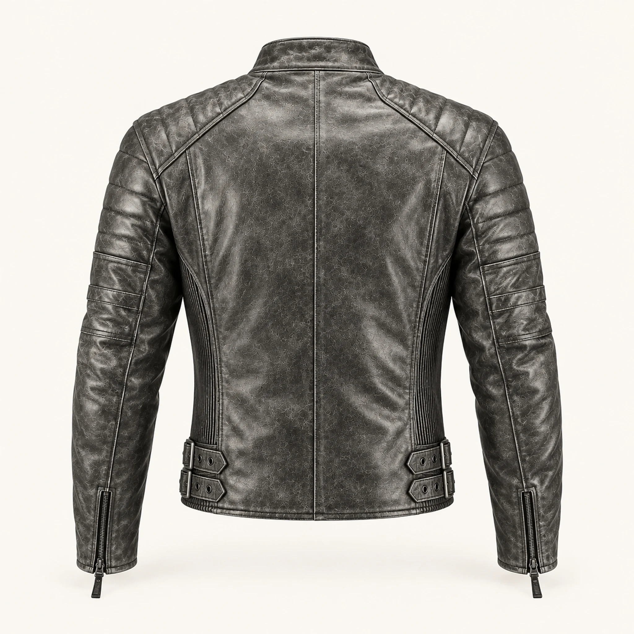 Herren-Leder-Motorradjacke Retro in Grau, Rückansicht