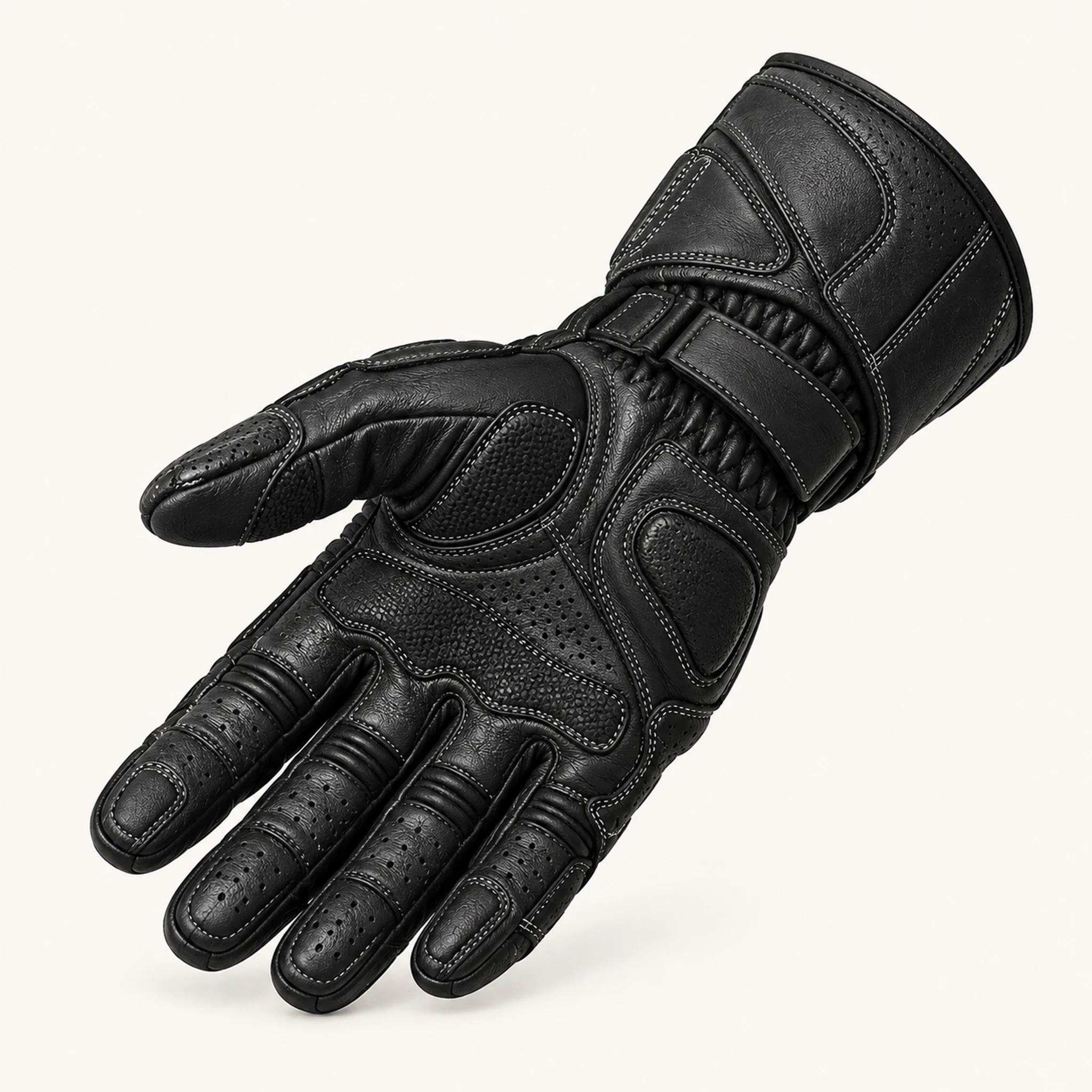 Leder-Motorradhandschuhe in Schwarz, Rückansicht